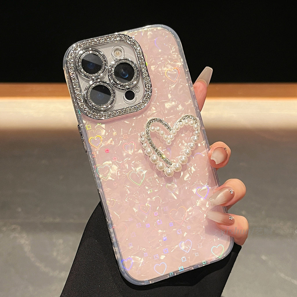 iPhone - Rhinestone Heart Case With Pearl Lanyard