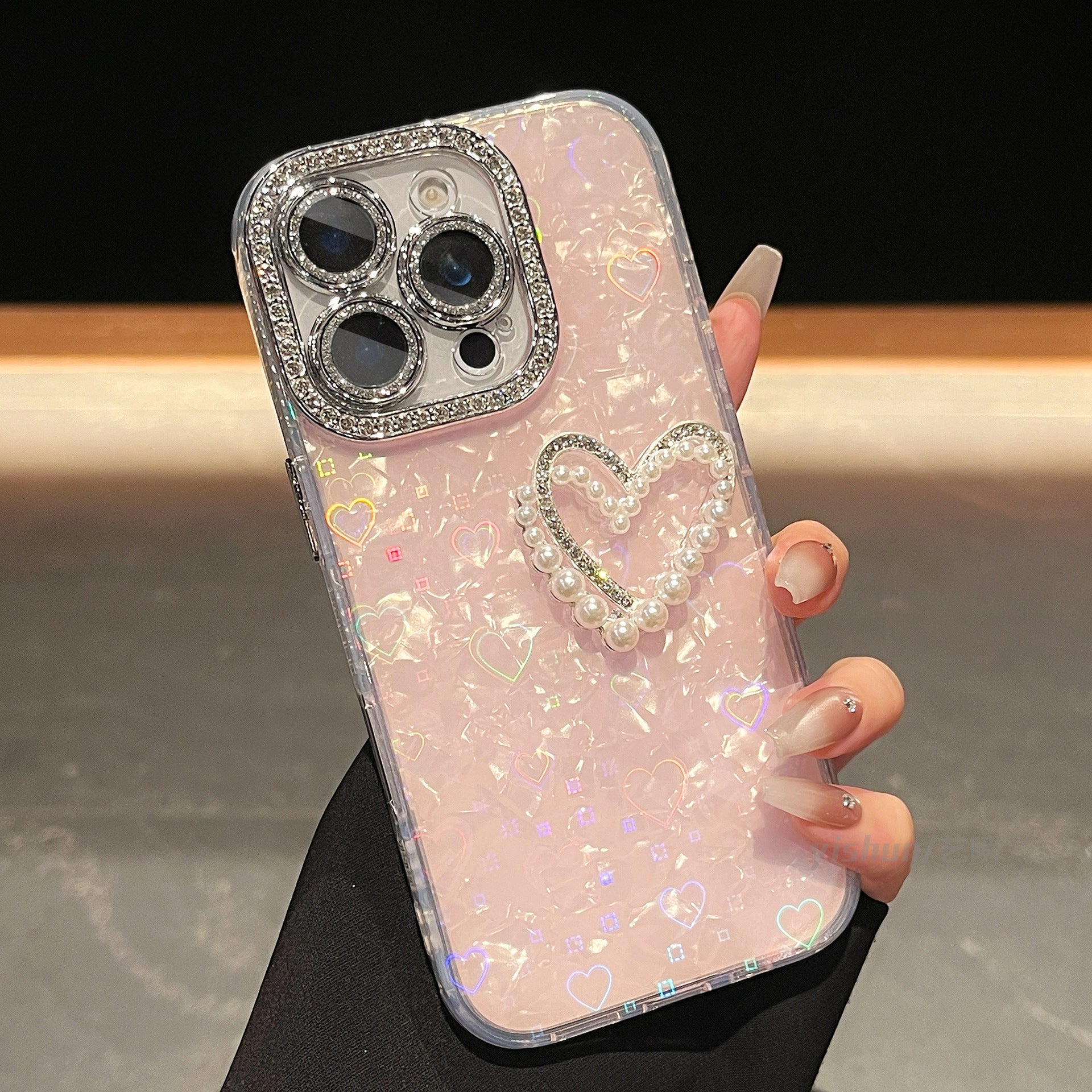 iPhone - Rhinestone Heart Case With Pearl Lanyard