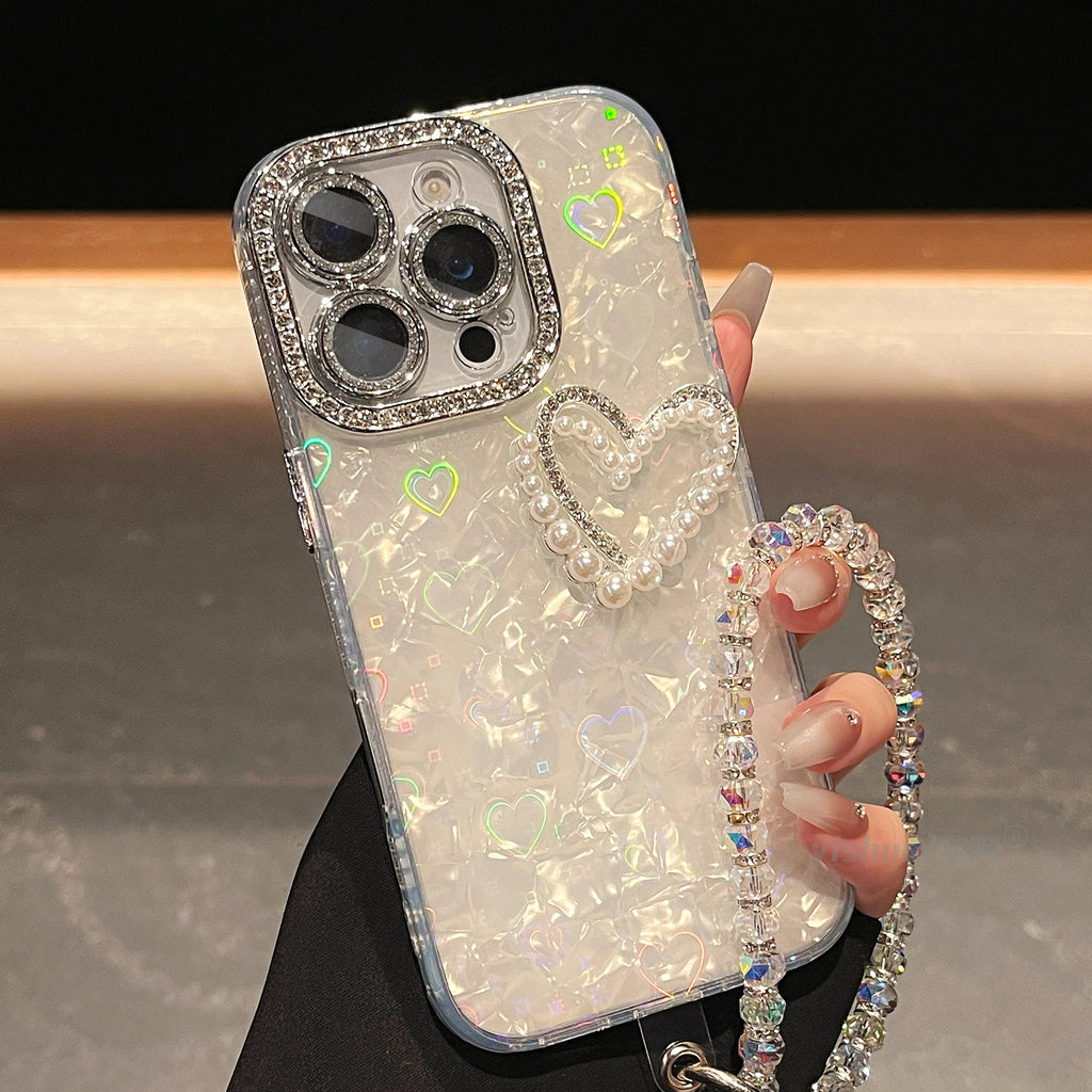 iPhone - Rhinestone Heart Case With Pearl Lanyard