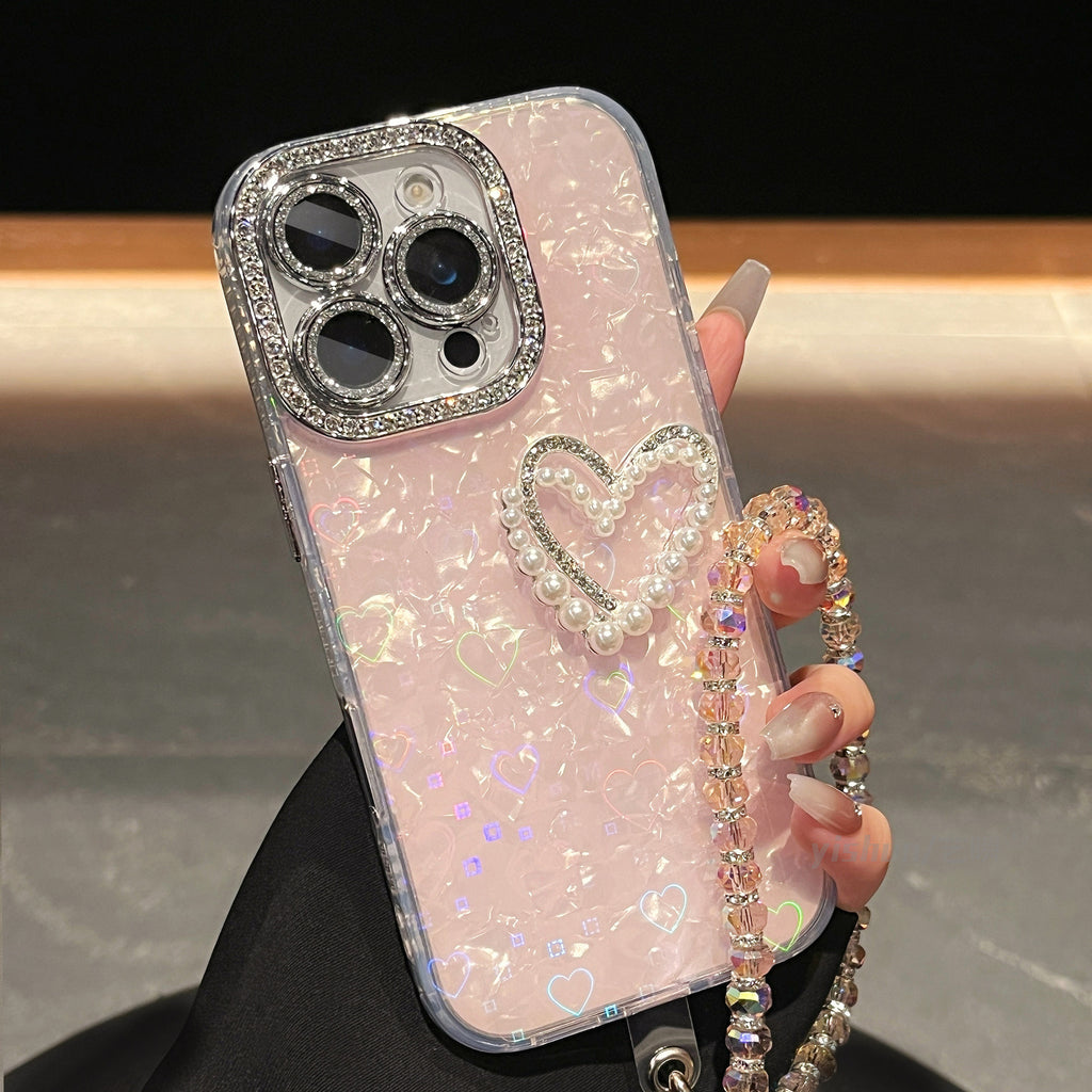 iPhone - Rhinestone Heart Case With Pearl Lanyard