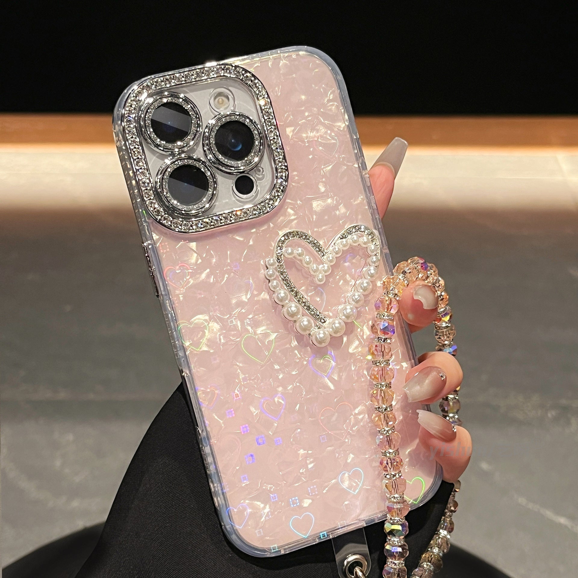 iPhone - Rhinestone Heart Case With Pearl Lanyard