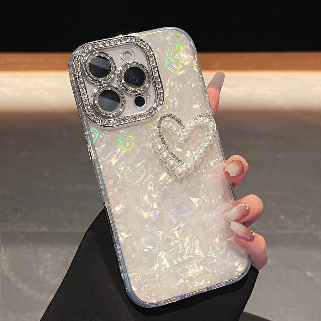 iPhone - Rhinestone Heart Case With Pearl Lanyard