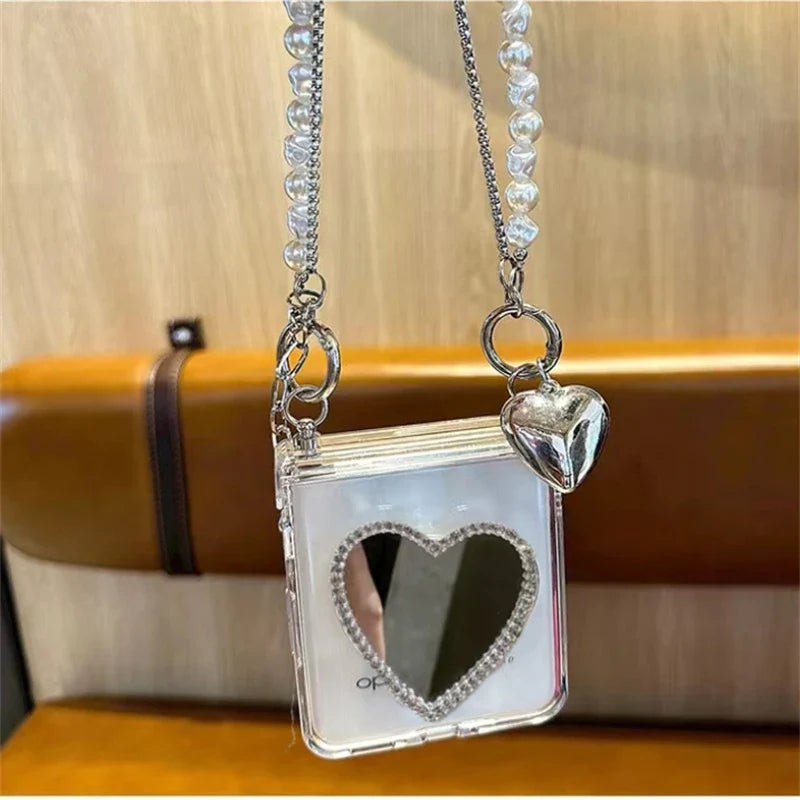 Galaxy Z Flip - Glitter Transparent Case with Mirror Holder and Pearl Bracelet