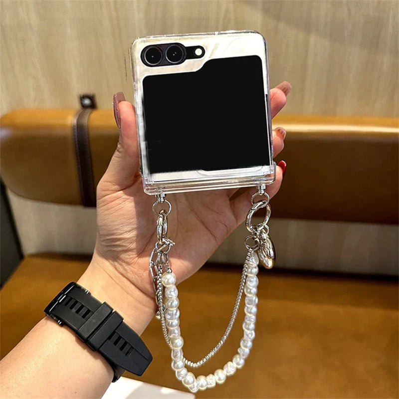 Galaxy Z Flip - Glitter Transparent Case with Mirror Holder and Pearl Bracelet