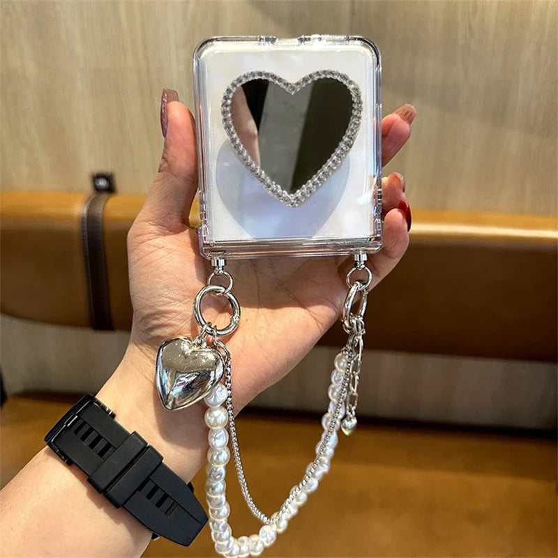 Galaxy Z Flip - Glitter Transparent Case with Mirror Holder and Pearl Bracelet