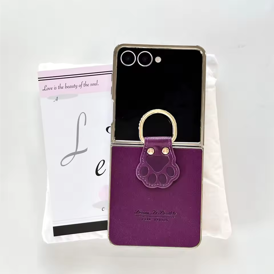 Galaxy Z Flip - Luxury Electroplated Cat Claw Ring Leather Case