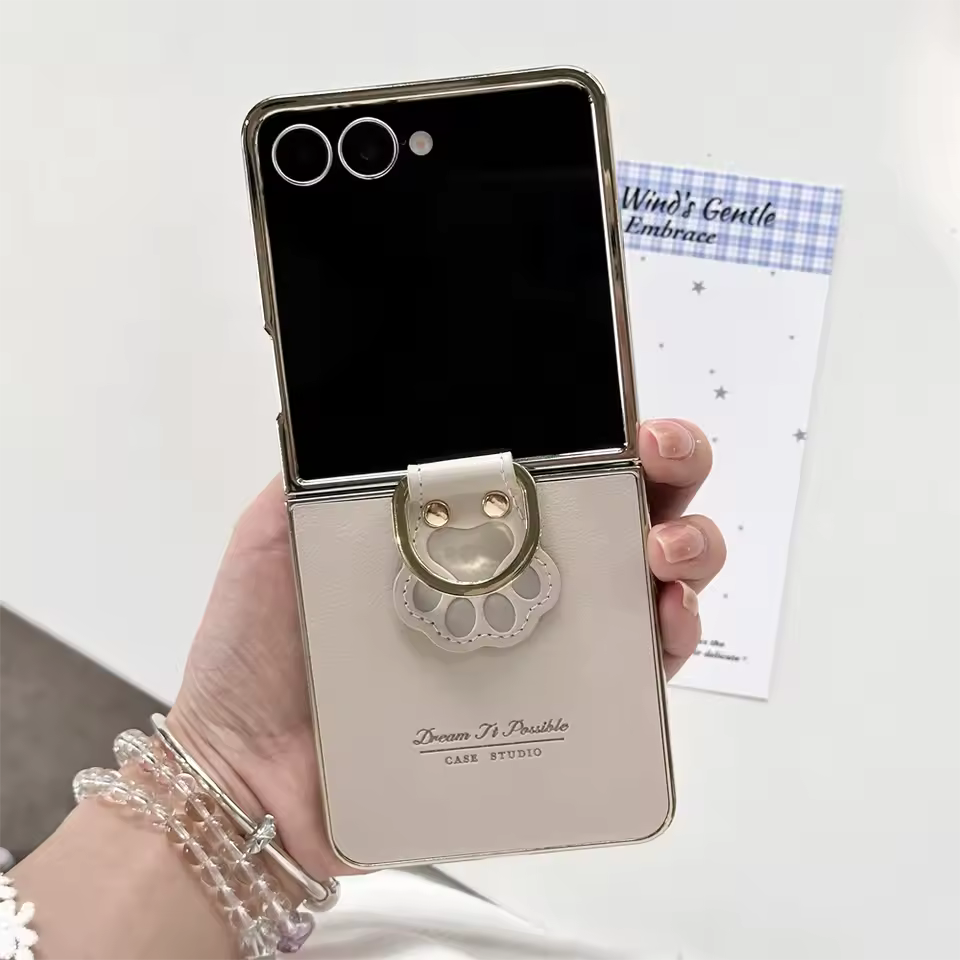 Galaxy Z Flip - Luxury Electroplated Cat Claw Ring Leather Case