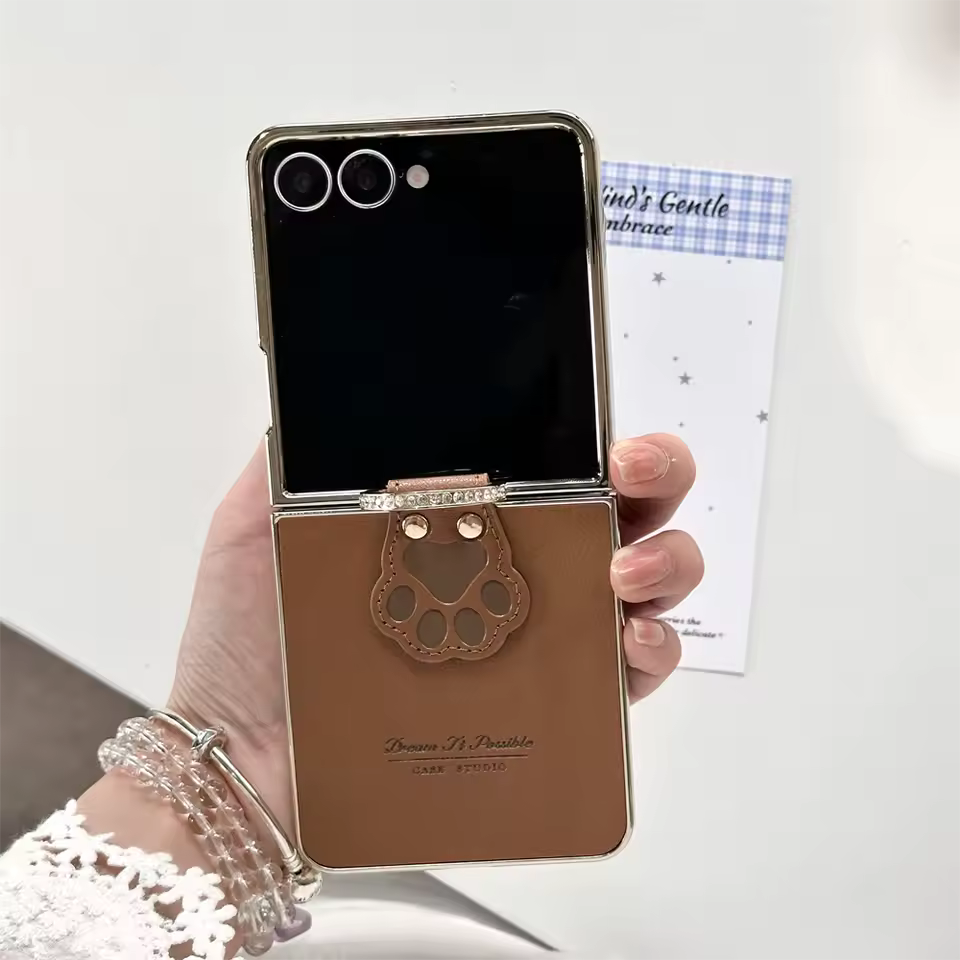 Galaxy Z Flip - Luxury Electroplated Cat Claw Ring Leather Case