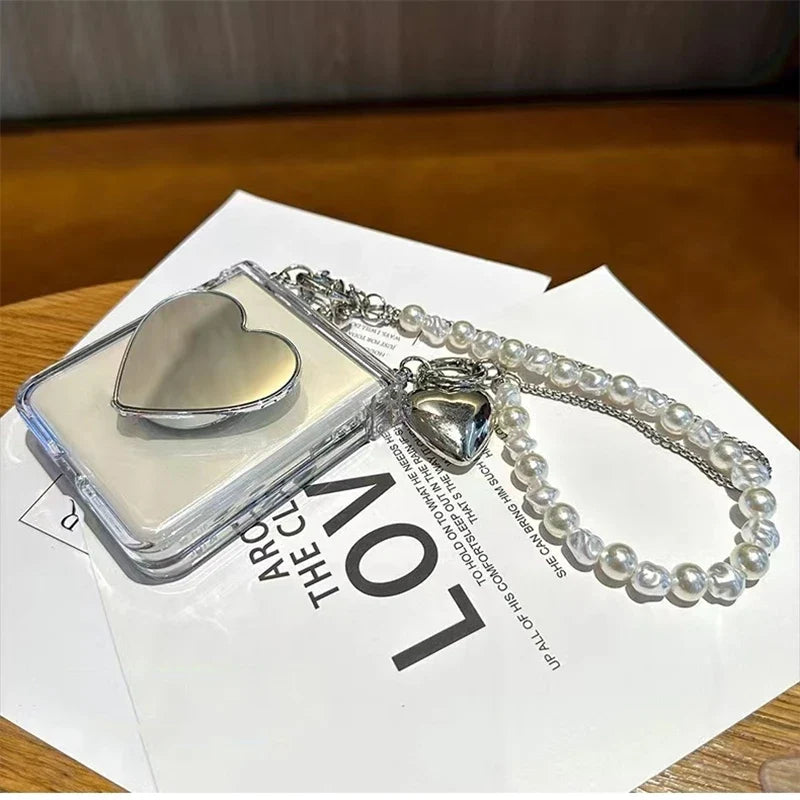 Galaxy Z Flip - Glitter Transparent Case with Mirror Holder and Pearl Bracelet